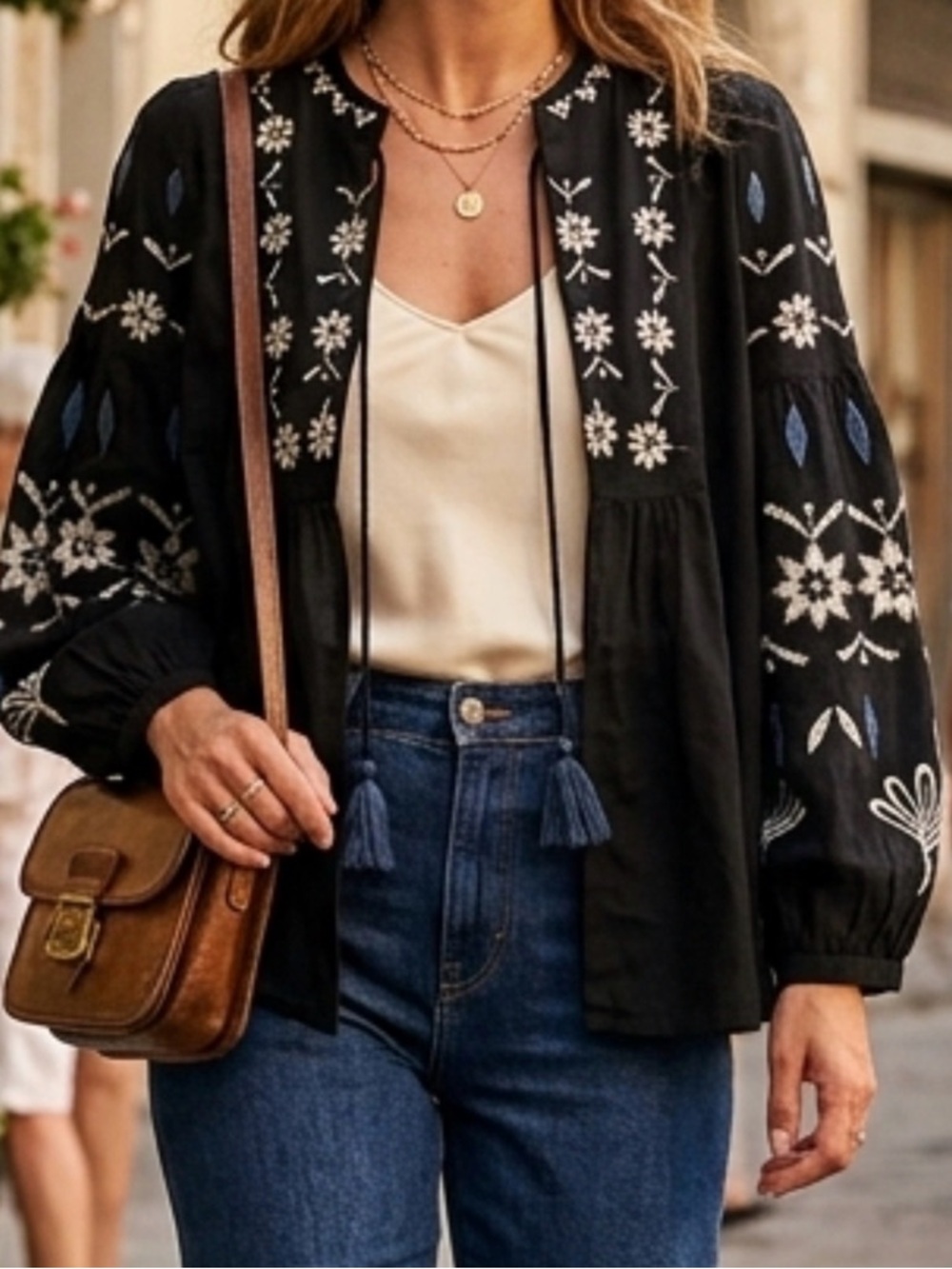ZARA Navy Blue Boho Embroidered Jacket Floral White Blue Size S